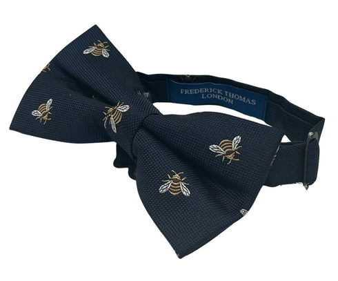 navy dark blue adult bow tie with honey bumble-bee design
