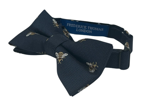 navy dark blue child's bow tie with honey bumble-bee design