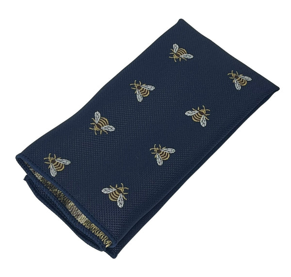 navy pocket square with embroidered honey bumble bee design
