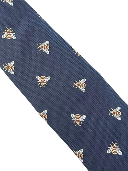 navy dark blue mens tie with honey bumble-bee design