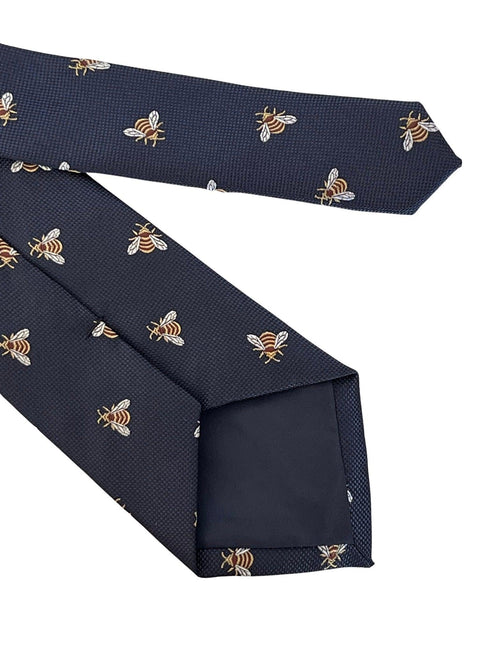 navy dark blue mens tie with honey bumble-bee design