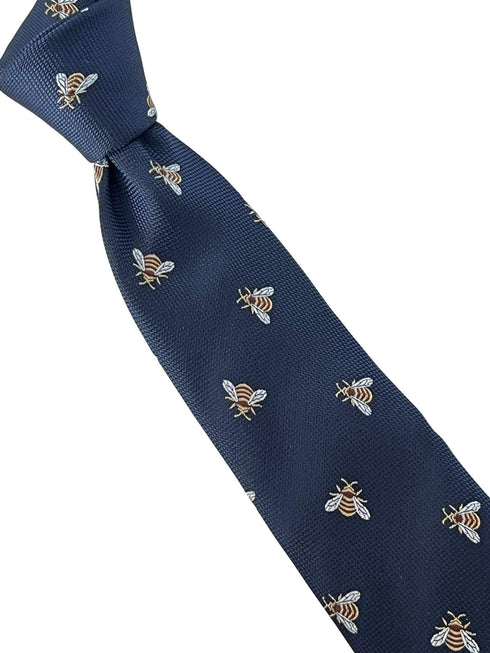 navy dark blue mens tie with honey bumble-bee design
