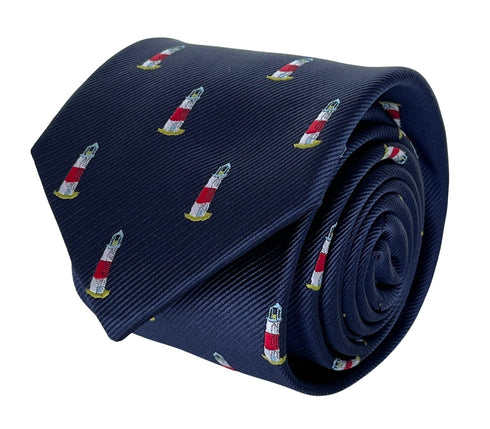 navy dark blue tie with lighthouse ocean nautical design