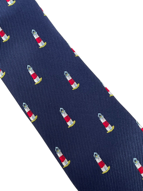 navy dark blue tie with lighthouse ocean nautical design