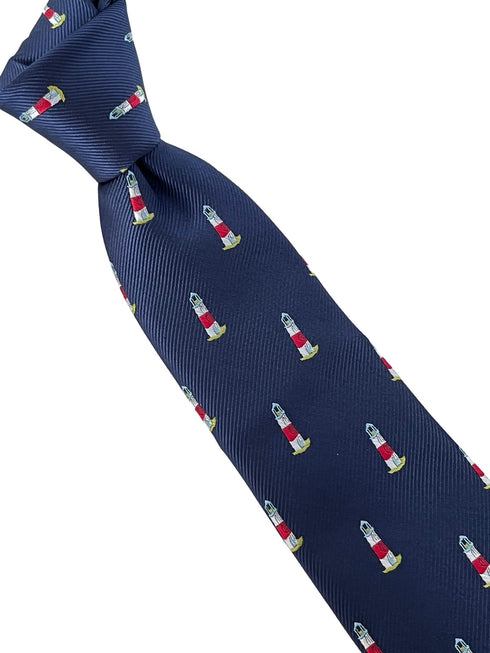 navy dark blue tie with lighthouse ocean nautical design