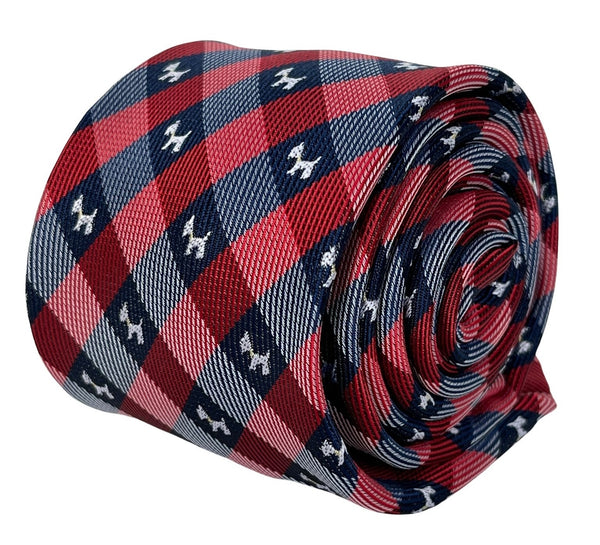 red and dark navy blue plaid gingham style tie with scottie dog, Scottish Terrier design
