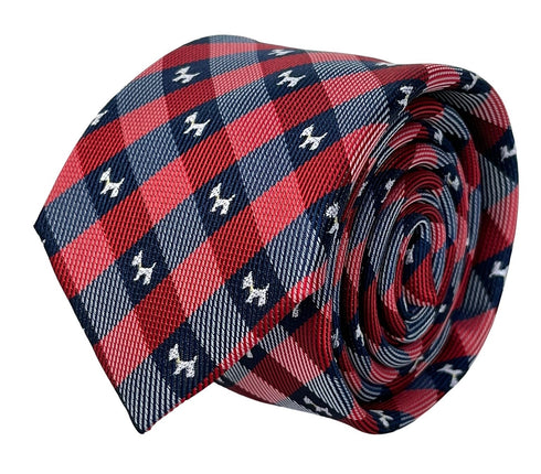 red and dark navy blue plaid gingham style tie with scottie dog, Scottish Terrier design