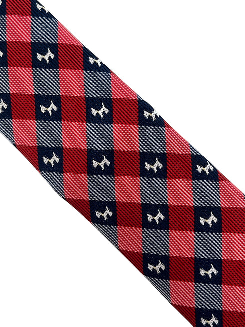 red and dark navy blue plaid gingham style tie with scottie dog, Scottish Terrier design