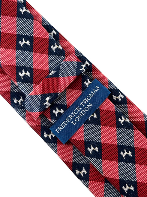 red and dark navy blue plaid gingham style tie with scottie dog, Scottish Terrier design