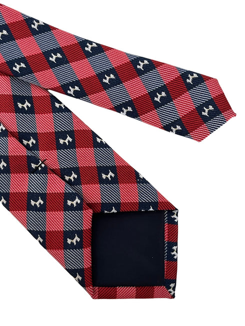 red and dark navy blue plaid gingham style tie with scottie dog, Scottish Terrier design