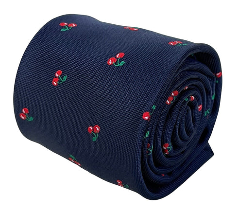 navy dark blue mens tie with red cherry fruit design
