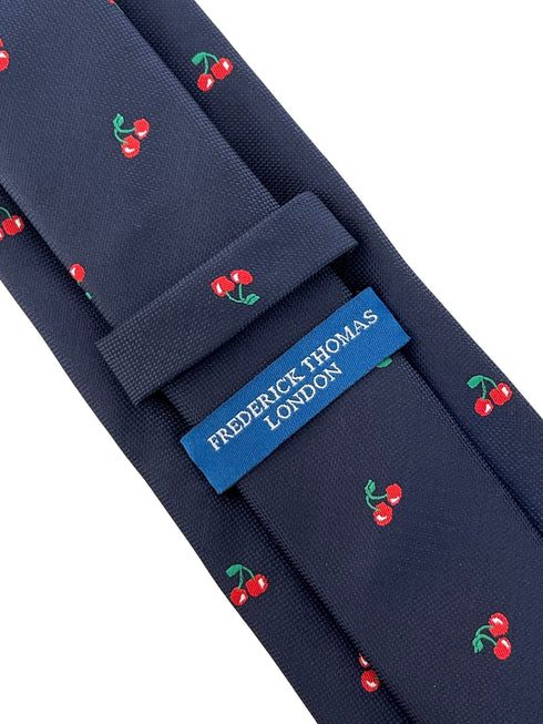 navy dark blue mens tie with red cherry fruit design