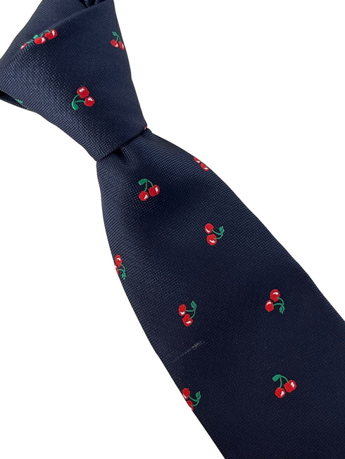 navy dark blue mens tie with red cherry fruit design