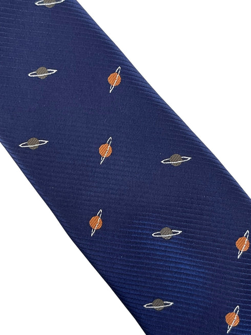 navy dark blue mens tie with space planet saturn design
