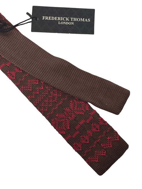 brown and red nordic design knitted silk tie