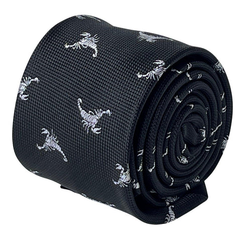 Black tie with white embroidered scorpion design