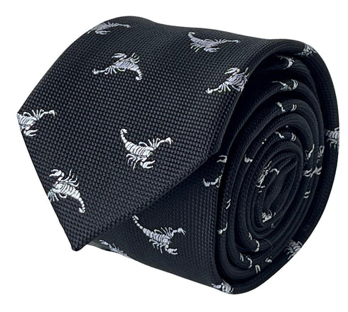 Black tie with white embroidered scorpion design