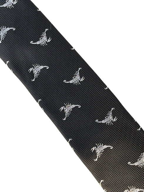 Black tie with white embroidered scorpion design