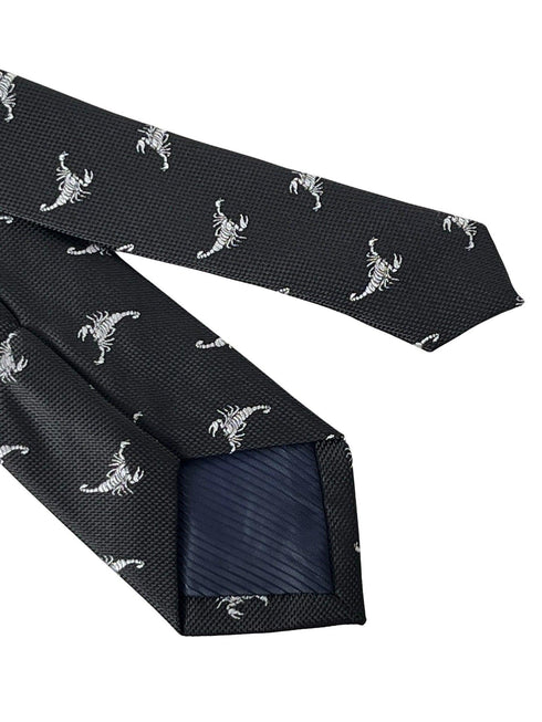 Black tie with white embroidered scorpion design