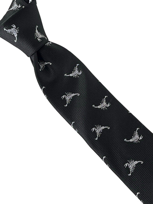 Black tie with white embroidered scorpion design