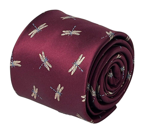 maroon tie with embroidered dragonfly design