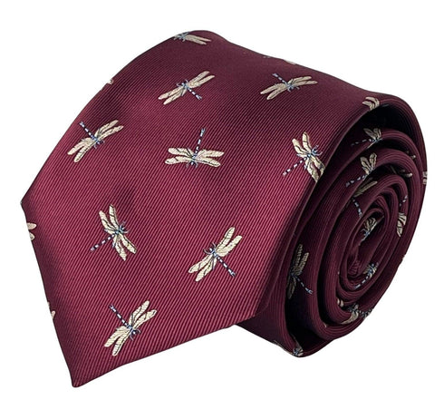 maroon tie with embroidered dragonfly design