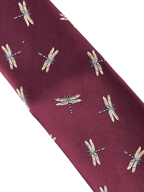 maroon tie with embroidered dragonfly design