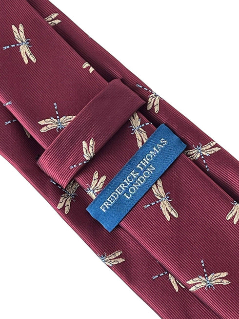 maroon tie with embroidered dragonfly design