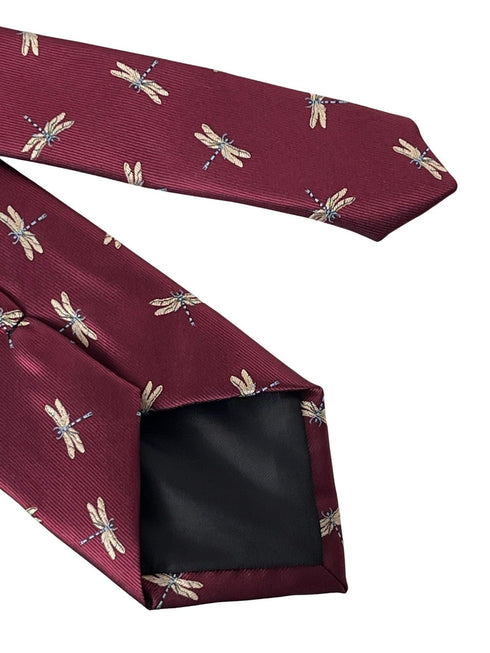 maroon tie with embroidered dragonfly design