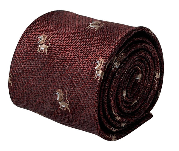 red maroon tie with embroidered lion design