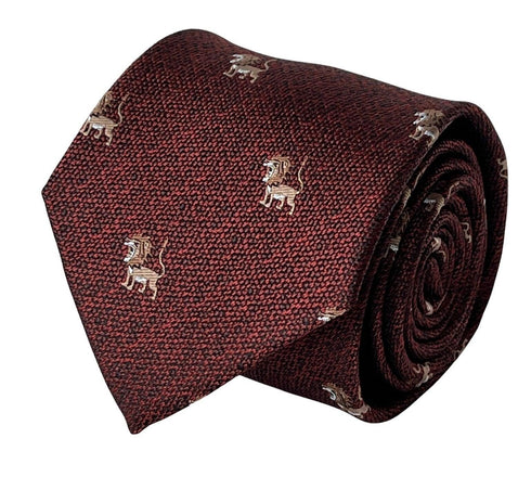 red maroon tie with embroidered lion design