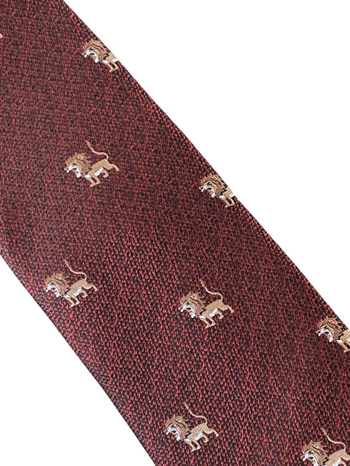 red maroon tie with embroidered lion design