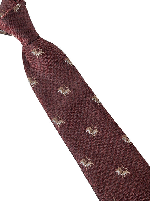 red maroon tie with embroidered lion design