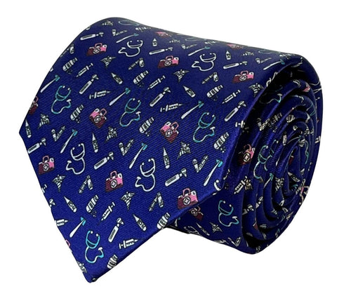 royal blue tie with medical equipment design