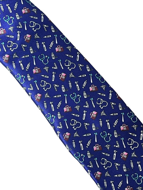 royal blue tie with medical equipment design