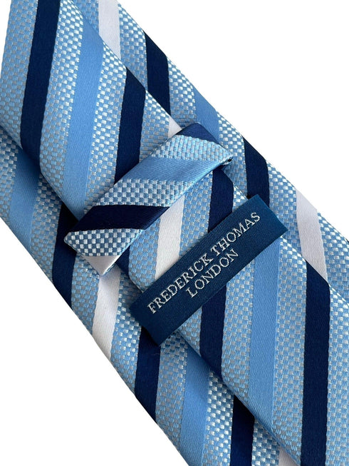 navy, light blue and white striped tie