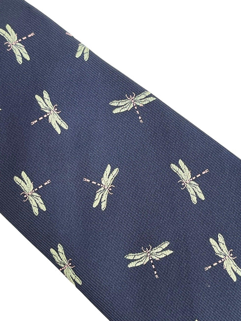 navy dark blue tie with embroidered dragonfly design