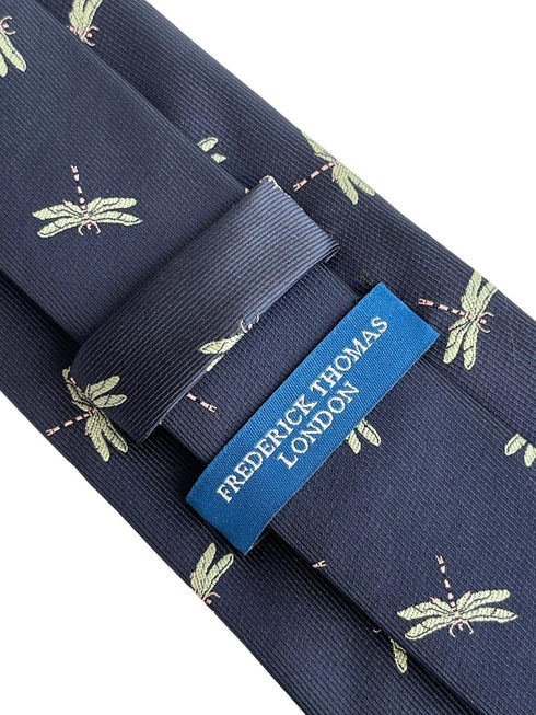 navy dark blue tie with embroidered dragonfly design