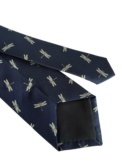 navy dark blue tie with embroidered dragonfly design