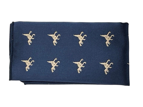 navy pocket square with embroidered T-rex design