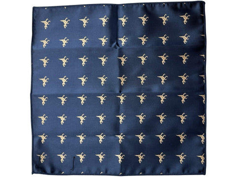 navy pocket square with embroidered T-rex design