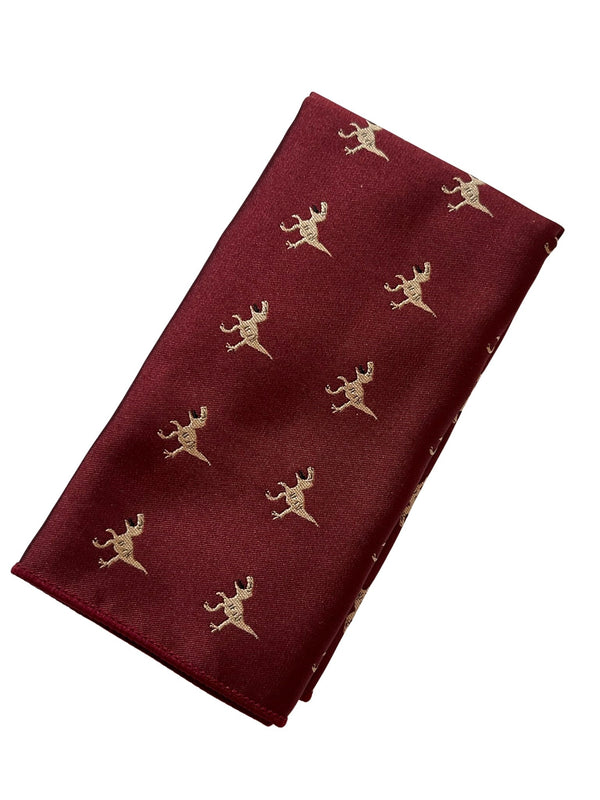 Maroon pocket square with embroidered T-rex design