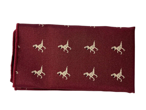 Maroon pocket square with embroidered T-rex design