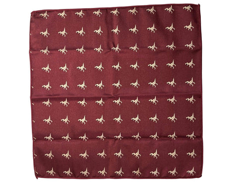 Maroon pocket square with embroidered T-rex design
