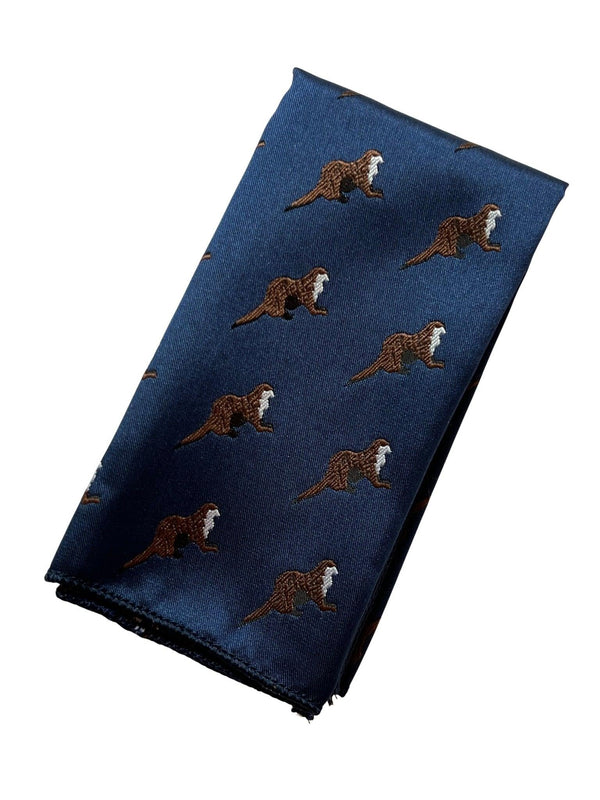 navy dark blue pocket square with embroidered otter design