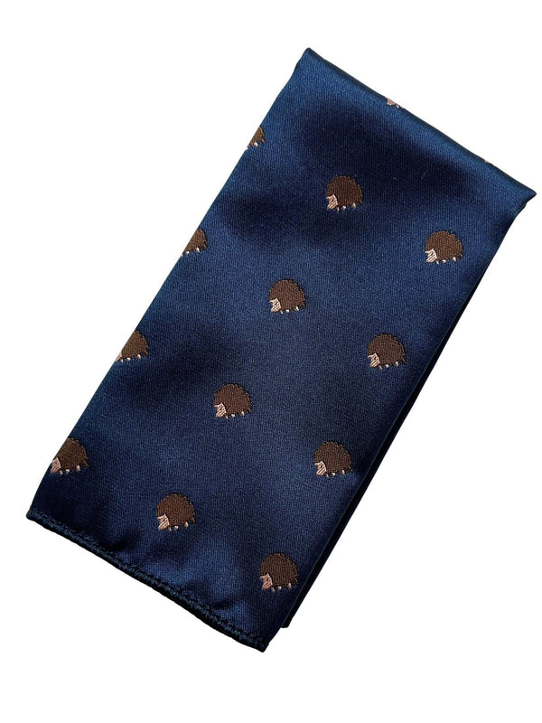 navy dark blue pocket square with embroidered hedgehog design