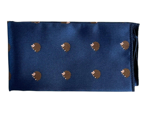 navy dark blue pocket square with embroidered hedgehog design
