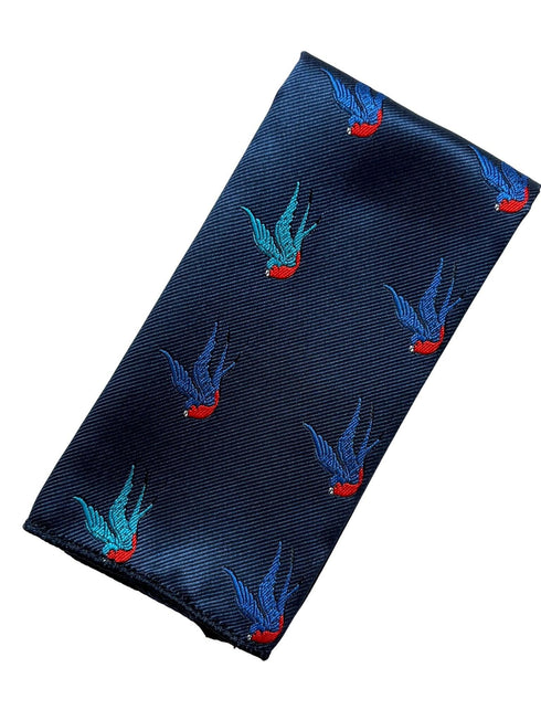 navy blue pocket square with embroidered swallow bird design