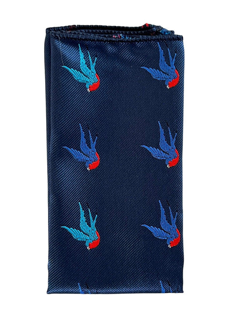 navy blue pocket square with embroidered swallow bird design