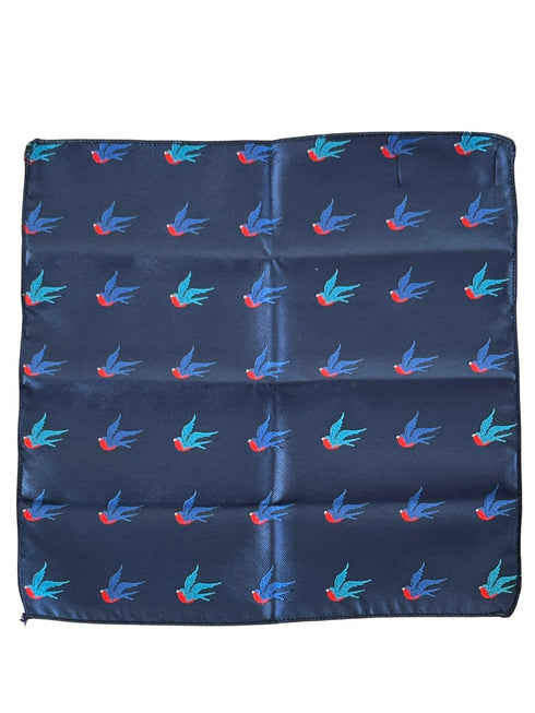 navy blue pocket square with embroidered swallow bird design